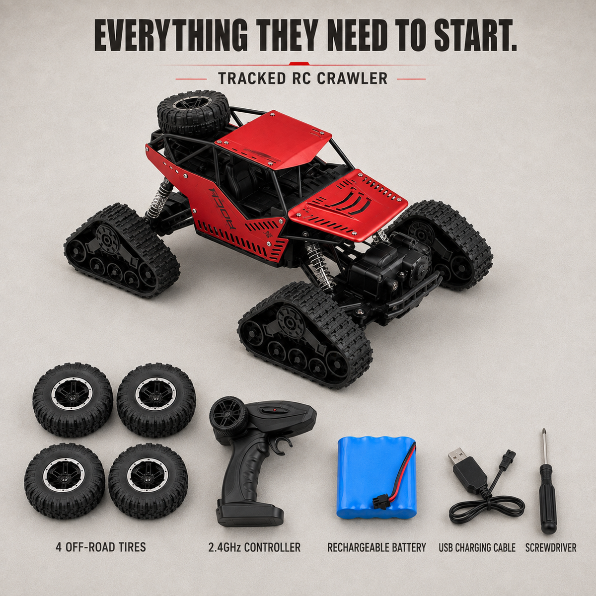 4WD Tracked RC Rock Crawler for Kids – Dual-Mode Tracks & Tires, 40+ Min Runtime