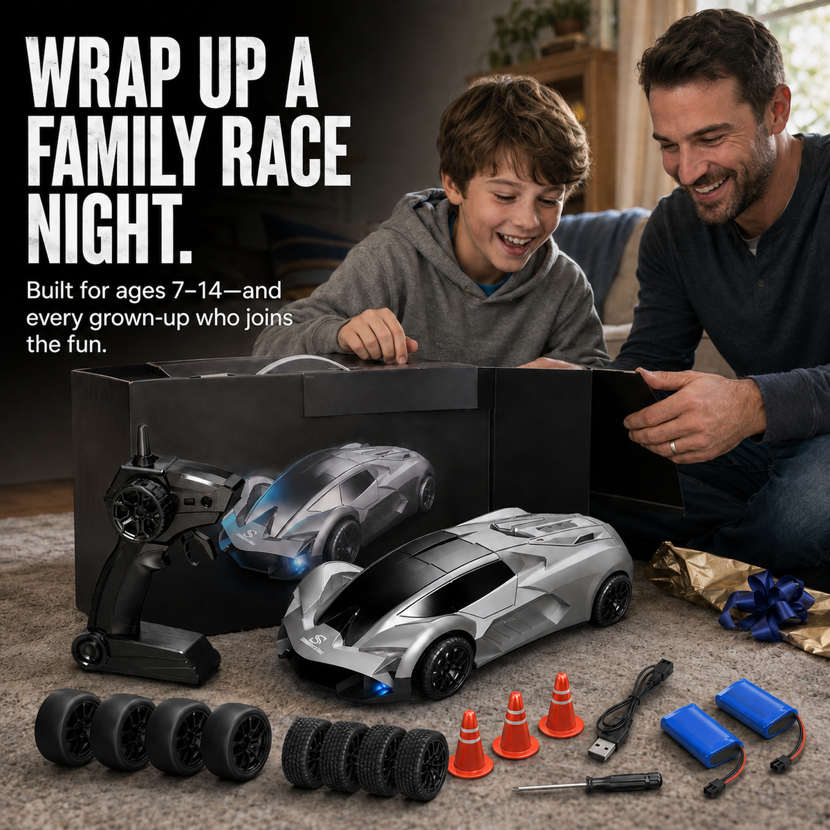 4WD RC Drift Car for Kids – Proportional Control, 3 Speed Modes & Dual Tires