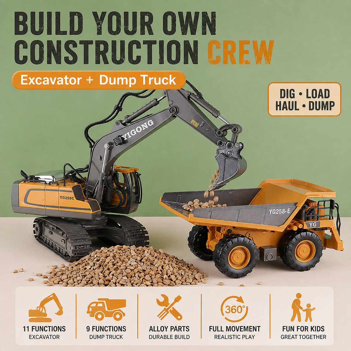 Realistic RC Construction Vehicles – Excavator, Dump Truck & Bulldozer with Alloy Parts